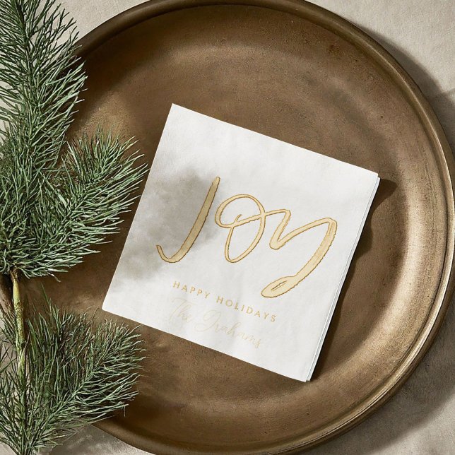 Servilletas Con Brillo Toallas de Relieve metalizado navideño con letras  (Joy Hand-Lettered Holiday Gold Foil Christmas Cocktail Napkins)