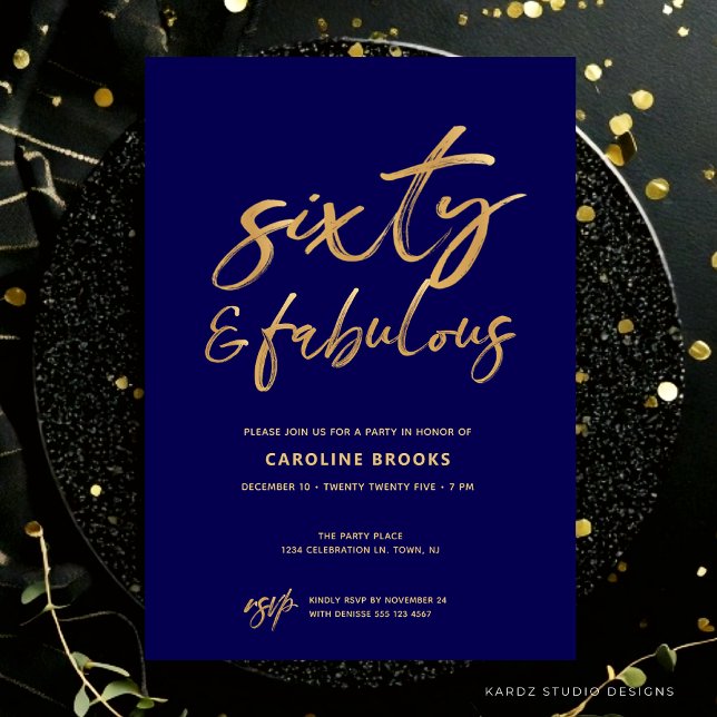Sesenta y fabulosa Invitación de cumpleaños número (60th birthday Invitation shown in 5x7 in. flat card. Personalize it with the blue personalize button)