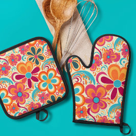 Set De Manoplas 1960s 1970s Groovy Colorful Flower Power