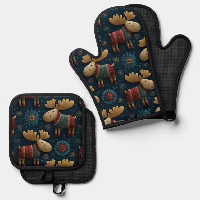 Set De Manoplas 3D Cute Christmas Moose In Sweater Kitchen (Anverso/Reverso)