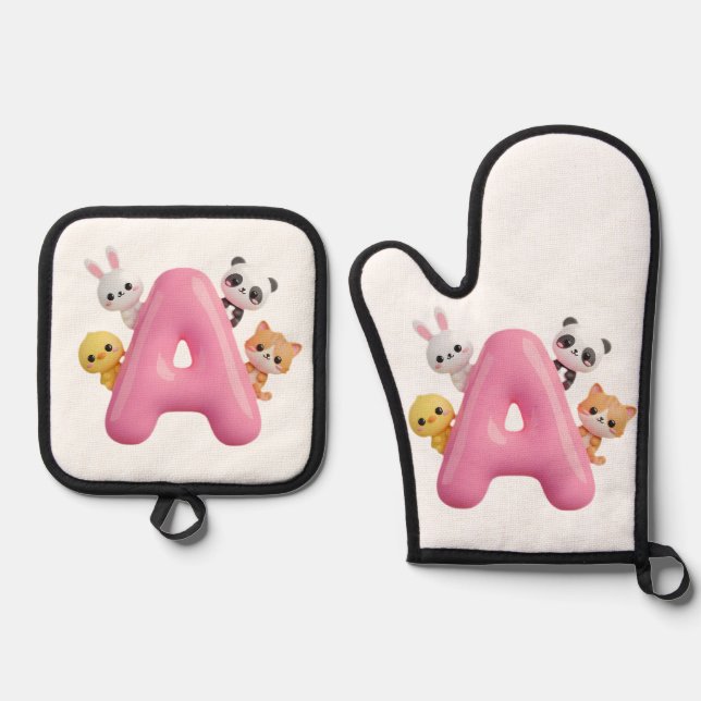 Set De Manoplas 3D Pink Balloon Letter A Oven Mitt & Pot Holder (Anverso)