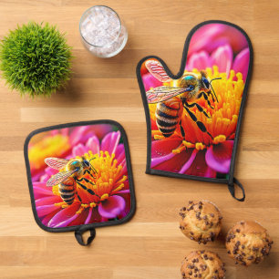 Set De Manoplas Abeja vibrante en diseño de florecimiento