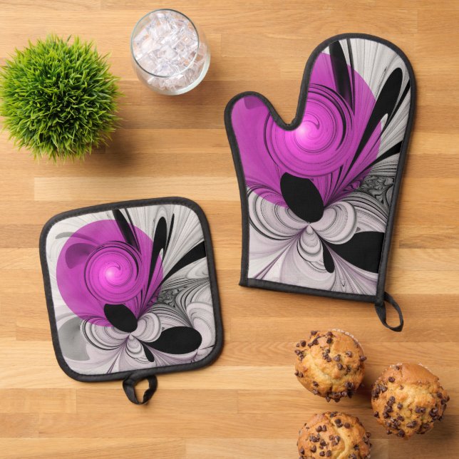 Set De Manoplas Abstract Black Gray With Magenta Fractal Art (De arriba hacia abajo)