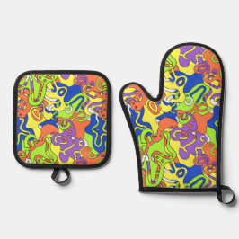 Set De Manoplas Abstract Neon Doodle Maze Pattern