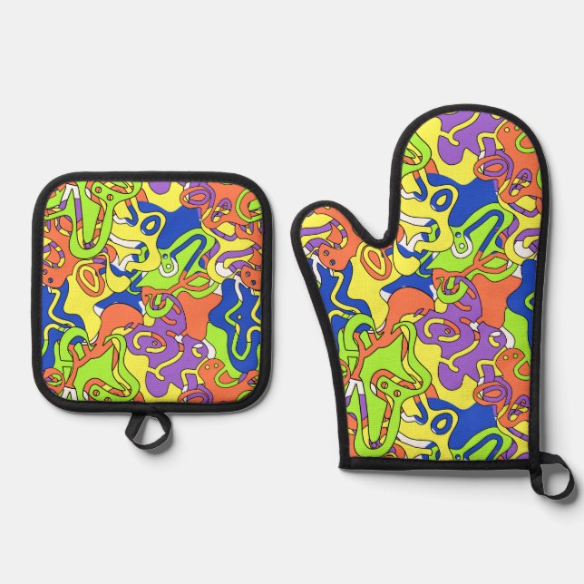 Set De Manoplas Abstract Neon Doodle Maze Pattern (Anverso)