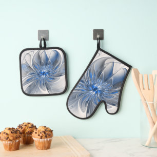 Set De Manoplas Abstracto Flor de arte fractal de color gris azul