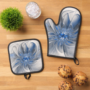 Set De Manoplas Abstracto Flor de arte fractal de color gris azul