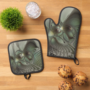 Set De Manoplas Abstracto Olive Sage Green Grey Fractal Art Fantas