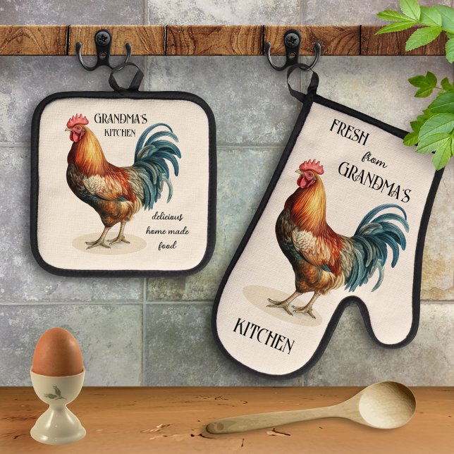 Set De Manoplas Abuela de estampado de campiña (Oven mitt and pot holder set featuring a painting of a rooster in retro or vintage style - grandma)