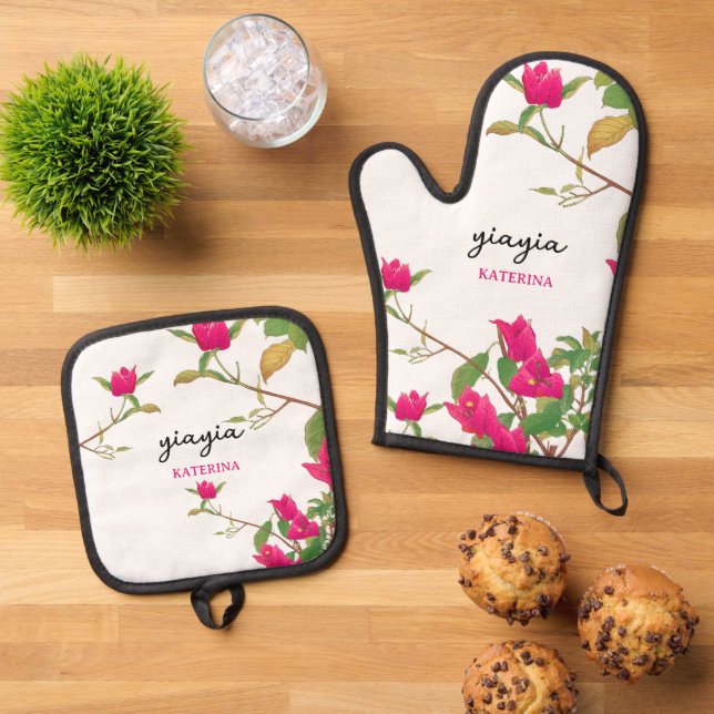 Set De Manoplas Abuela griega Yiayia Bougainvillea (De arriba hacia abajo)