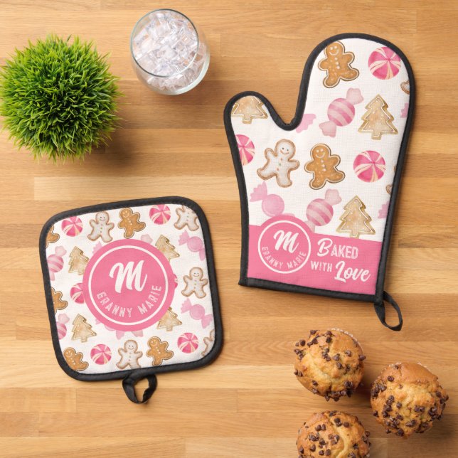 Set De Manoplas Abuela personalizada Monograma Azúcares rosas (De arriba hacia abajo)