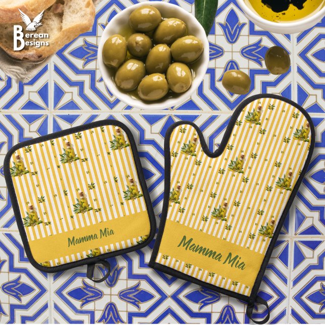 Set De Manoplas Aceite de oliva personalizado con franja amarilla  (Fun yellow-striped olive oil Mediterranean design on oven mitt and pot holder with personalized name)