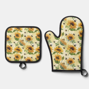 Set De Manoplas Acuarela Abejas y Girasoles Amarillo