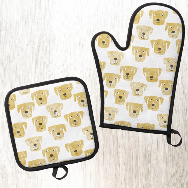 Set De Manoplas Acuarela de perro recuperadora de Labrador (Golden yellow Labrador Retriever Dog pattern kitchen oven glove or mitt and pot holder)