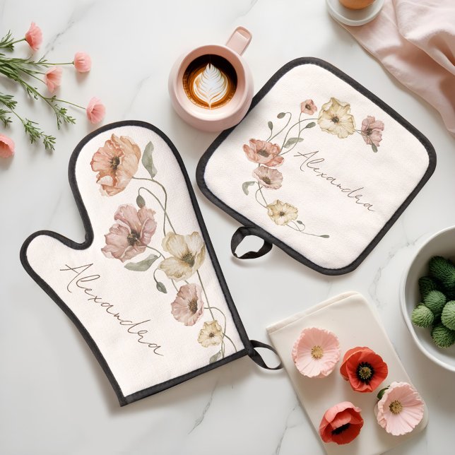 Set De Manoplas Acuarela floral Poppies islandeses personalizados (Floral Watercolor Icelandic Poppies Personalized Oven Mitt & Pot Holder Set)