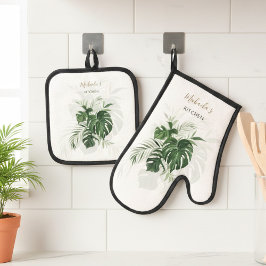 Set De Manoplas Acuarela Hojas Tropicales Verde Personalizado