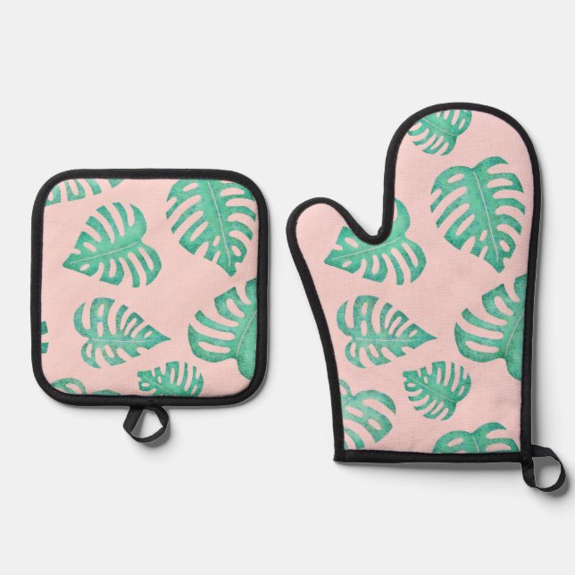 Set De Manoplas Acuarela Monstera se va en rosa ballet (Anverso)