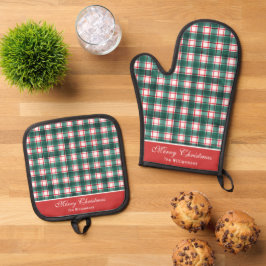 Set De Manoplas Acuarela Rojo y Verde Plaid de Búfalo Navidad