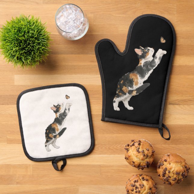 Set De Manoplas Adorable Calico Cat & Butterfly Watercolor  (De arriba hacia abajo)