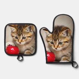 Set De Manoplas adorable kitten and love red apple 