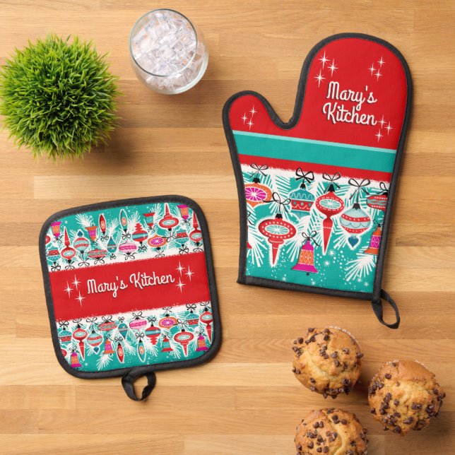 Set De Manoplas Adornos Navideños Retro - Personalizables  (De arriba hacia abajo)