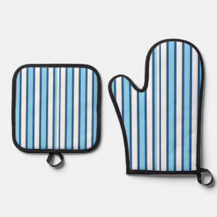 Set De Manoplas Agarra ollas y guantes para horno raya azul y blan