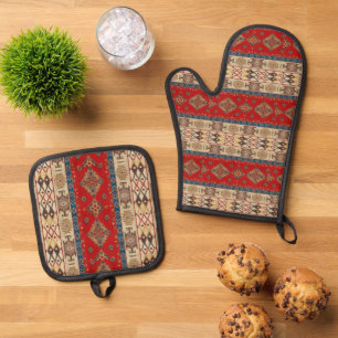 Set De Manoplas Alfombra turca antigua de color rojo beige kilim