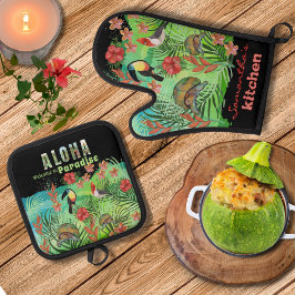 Set De Manoplas Aloha Paradise Tropical Oven Mitt y Pot Holders