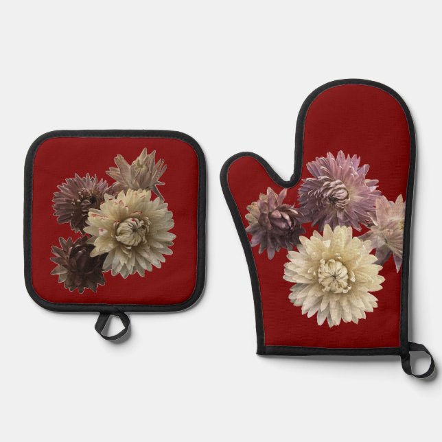 Set De Manoplas Aluminio rosa y malva en rojo oscuro (Anverso)