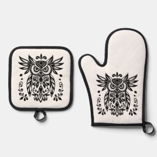 Set De Manoplas Amantes de búhos rústicos bosques negro blanco boh