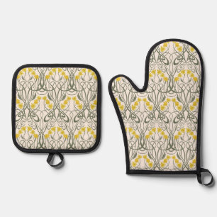 Set De Manoplas Amarillo Art Nouveau Narcisos y Tallos Crema