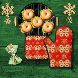 Set De Manoplas Anillos de Bagel y copos de nieve rojos