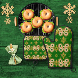 Set De Manoplas Anillos de Bagel y copos de nieve verdes