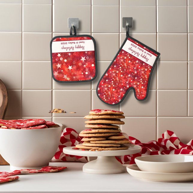 Set De Manoplas Aprón festivo rojo y blanco (Festive Red and White Holiday Mitt and Pot Holder)