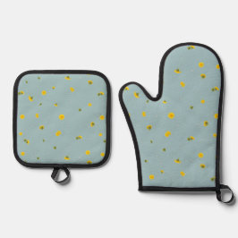 Set De Manoplas Aqua Blue Japanese Dandelion Floral Pattern