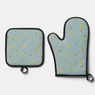 Set De Manoplas Aqua Blue Japanese Dandelion Floral Pattern