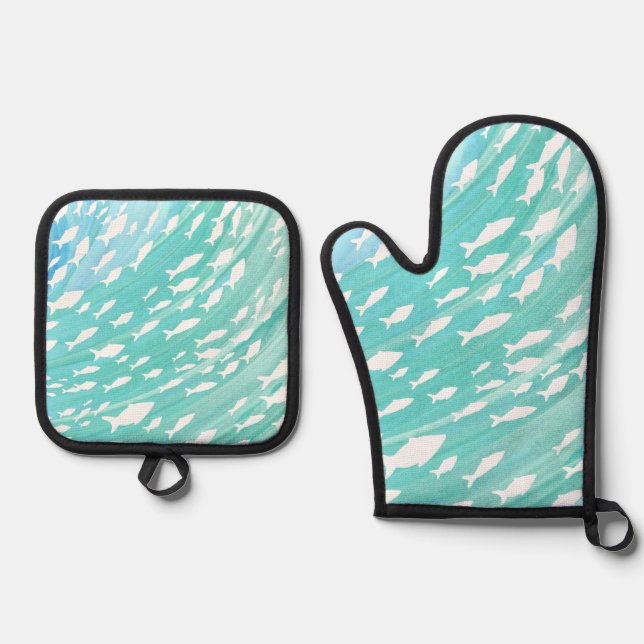 Set De Manoplas Aqua Ocean Fish Nautical (Anverso)