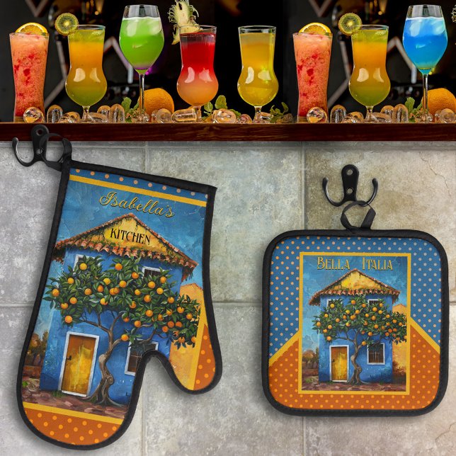 Set De Manoplas Árbol de cítricos mediterráneo de Bella Italia (Retro oven mitt and pot holder set with a painting of a Mediterranean house with citrus tree - Italy)