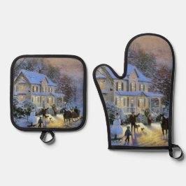 Set De Manoplas Árbol de Navidad de la Ciudad de Invierno Vintage