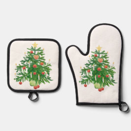 Set De Manoplas Árbol de Navidad Vintage con una Estrella Blanca