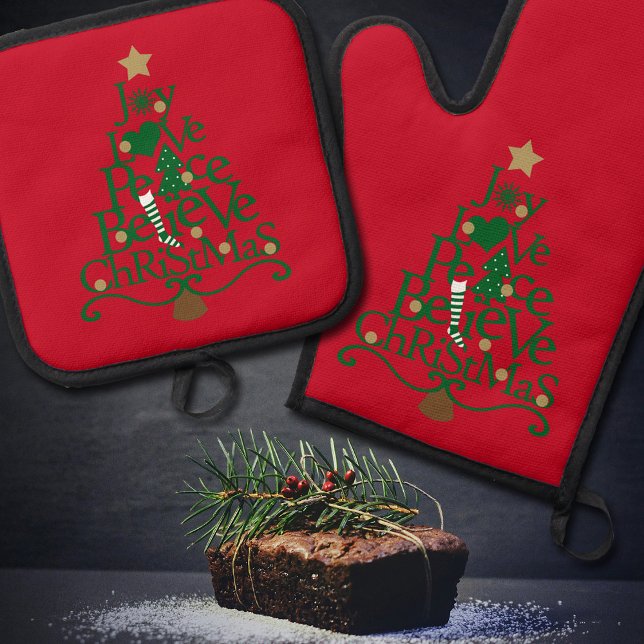 Set De Manoplas Árbol de palabras de vacaciones rojas de navidades (This cute red potholder set is the perfect choice for your holiday baking and decor.)