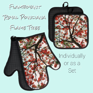 Set De Manoplas Árbol Real de Poinciana Flamboyante Rojo Negro Bla
