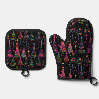 Set De Manoplas Árboles de Navidad psicodélicos en negro