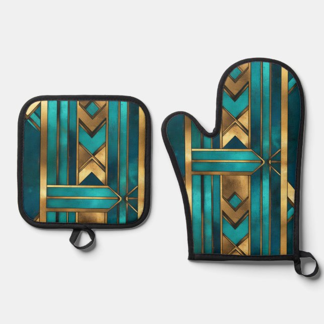 Set De Manoplas Art Deco Geometric Arrows, Gold and Turquoise (Anverso)