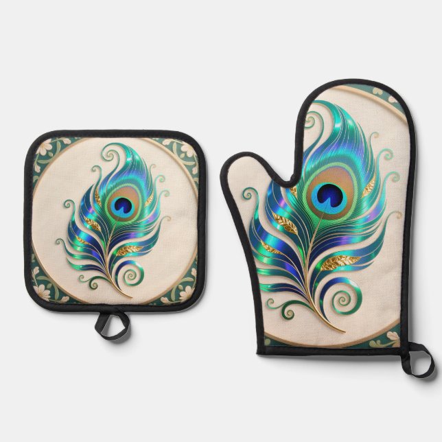 Set De Manoplas Art Nouveau Iridescent Peacock Feather (Anverso)