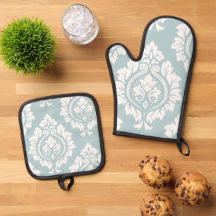 Set De Manoplas Arte de Damasco Decorativo I Blanco sobre Azul de