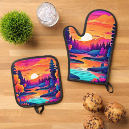 Set De Manoplas Arte de fantasía del lago al atardecer