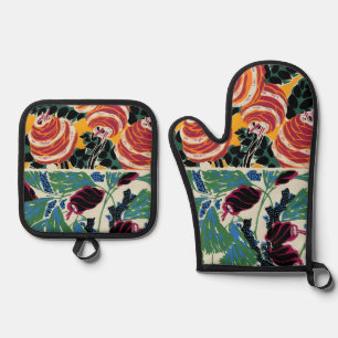 Set De Manoplas Arte de Flor Abstracta de Magenta y Naranja Vibran