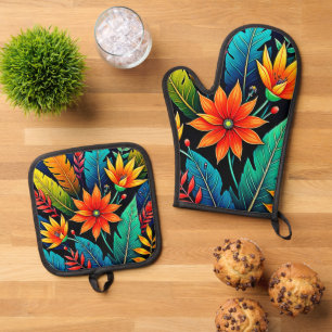 Set De Manoplas Arte de flores tropicales vibrantes