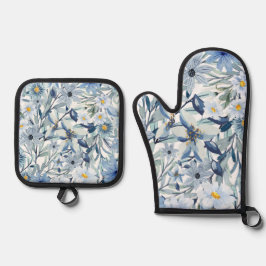 Set De Manoplas Arte floral acuarela de flores azules